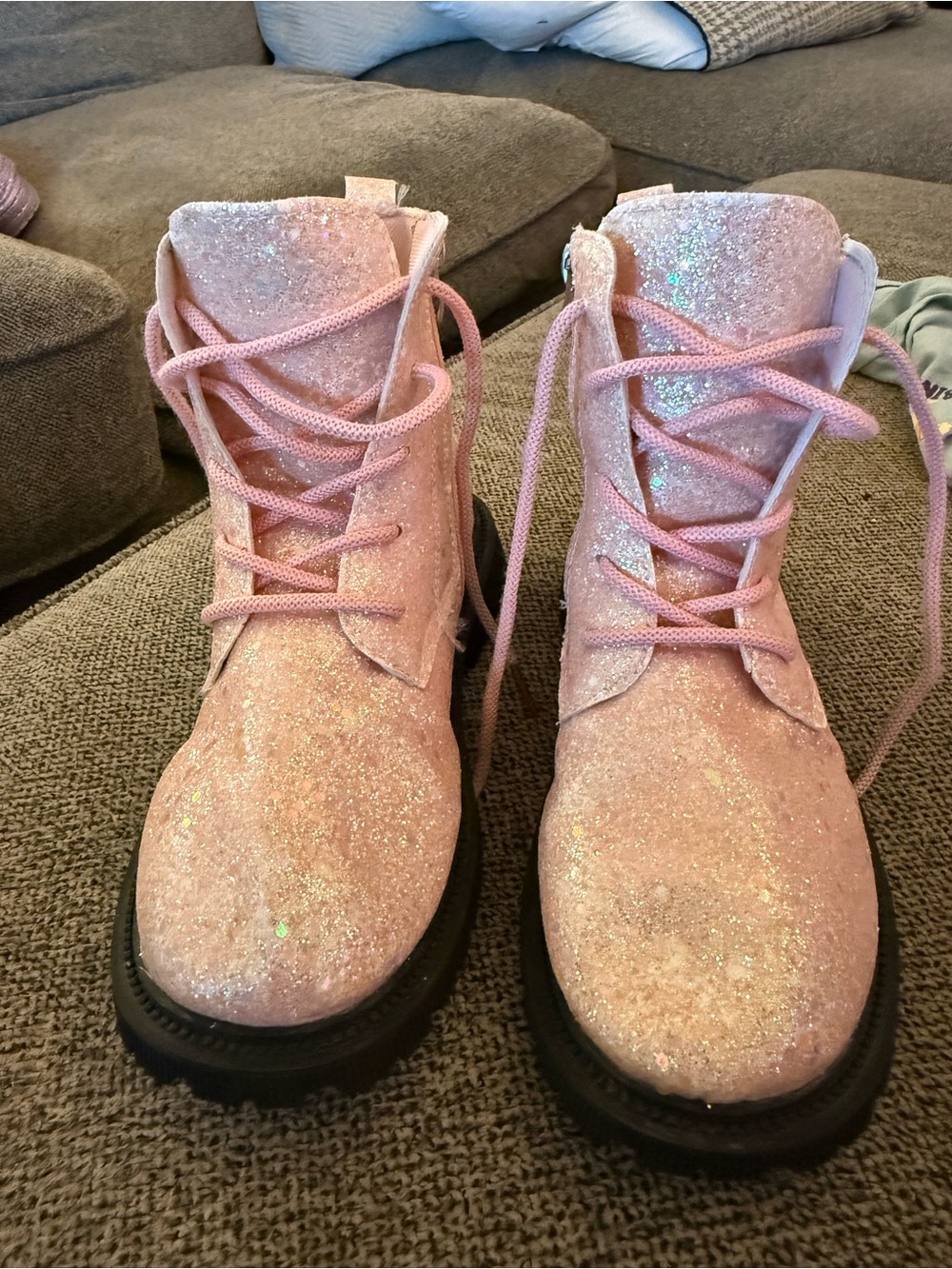 Worn once! SHEIN Pink Glitter Lace-Up Kids Boots
